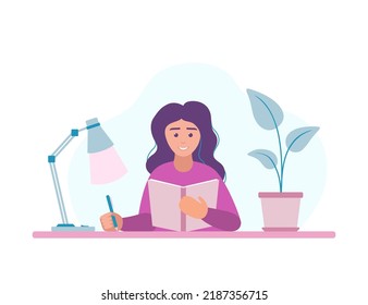 Woman reading book. Female charachter studying. Education at home. Vector illustration