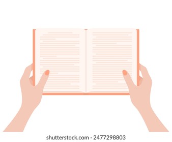 Woman reading a book. Female hands holding open book, isolated on a white background. Flat vector illustration