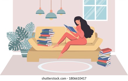 Woman reading book. Flat cartoon vector illustration.
