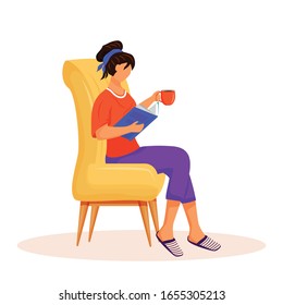 Woman reading book flat color vector faceless character. Lady relaxing at home in chair. Girl with hot drink on sofa. Female reading magazine. Recreation isolated cartoon illustration