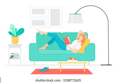 Woman reading book flat vector illustration. Young lady lying on couch with interesting novel, cartoon character. Female student studying at home. Literature hobby, intellectual leisure activity.