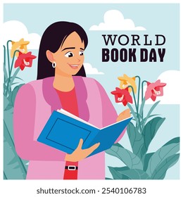Woman reading a book in the flower garden. Celebration of World Book Day. World Book Day concept. Flat vector illustration.