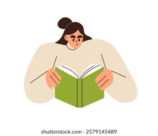 Woman reading book. Focused student character holding open textbook, engaged in learning, studying. Female reader. Education, knowledge concept. Flat vector illustration isolated on white background