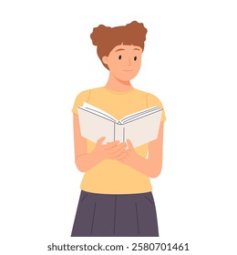 Woman reading book. Focused student character holding open textbook, engaged in learning, studying. Female reader. Education, knowledge concept. Flat vector illustration isolated on white background