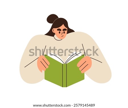 Woman reading book. Focused student character holding open textbook, engaged in learning, studying. Female reader. Education, knowledge concept. Flat vector illustration isolated on white background