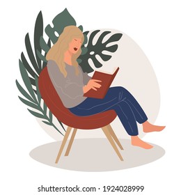 Woman reading book for fun or student learning new material preparing for lessons. Getting knowledge and relaxing at home sitting in armchair by tropical leaves flowers. Vector in flat style