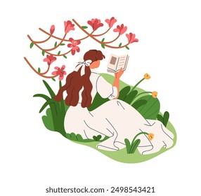 Libro de lectura de la mujer en el jardín entre flores. Mujer en vestido sentado bajo un árbol al aire libre en la naturaleza. Chica disfrutando del ocio de verano en el campo. Ilustración vectorial plana aislada sobre fondo blanco