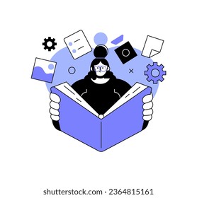 a woman reading a book with gears around it