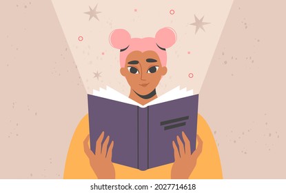 Woman reading a book. Girl enjoying literature, story. Studying, learning, self education, bookworm concept. International literacy day, book fair or festival. Trendy isolated vector illustration