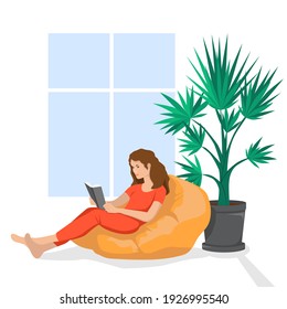 Woman reading a book. Girl sitting with book at home in a bean bag chair. Vector illustration in flat style.