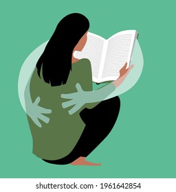 Woman reading a book and the book giving her a comforting hug, EPS 8 vector illustration