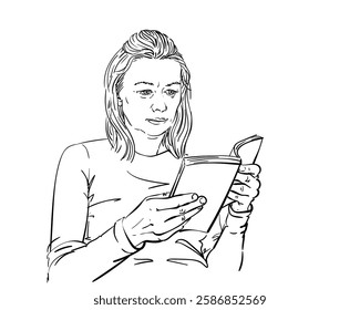 Woman reading book hand drawn vector sketch, Adult woman with serious face and long hair holding an open paper book in her hands