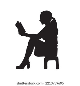 woman reading a book in hand and sitting on a stool vector silhouette