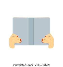 Woman reading a book, woman hands holding a book, book lovers, reading concept, flat vector illustration isolated on white background