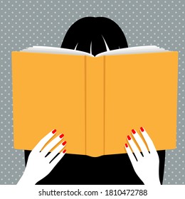 Mujer leyendo libro, cabeza con pelo negro escondiéndose detrás de un gran libro abierto, manos con uñas rojas sosteniendo un libro grande, simple ilustración vectorial