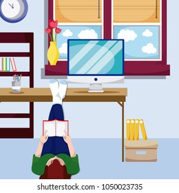 Woman reading a book from home