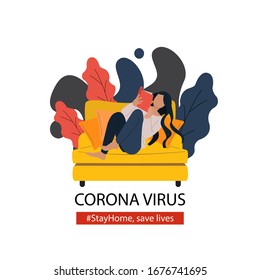 Woman reading book at home to avoid corona virus spreading. Stay home save lives. Flat vector design isolated on white