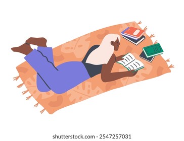 Woman reading book at home, enjoying leisure time and exploring hobbies. Cozy atmosphere with focus on education and personal growth. Vector illustration