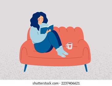 Woman reading book at home in the evening. Happy female person resting on comfy sofa with literature and coffee. Relaxation and care self time concept. Mental wellbeing vector illustration