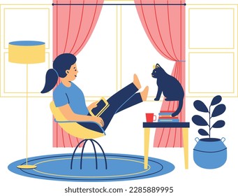 Woman reading book at home. Girl sitting at table with cat and reading a book. Flat vector illustration.