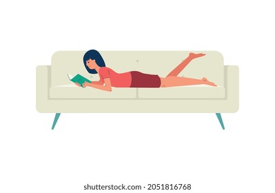 Woman reading book at home lying on cozy couch isolated on white background. Cartoon reader girl lying on her stomach on couch holding literature, vector illustration