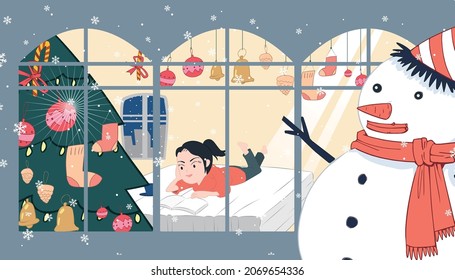 Woman reading a book at home with a snowman and Christmas decorations