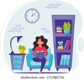 Woman reading book at home.  Stay home concept.  Modern room interior. Illustration in a flat style.