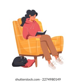Woman reading book at home in vector illustration isolated on white. Happy female character resting in comfy sofa with book and coffee and cat pet. Book lovers, readers, modern literature lovers