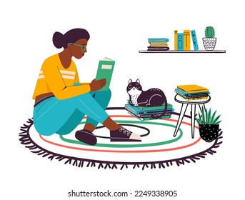 Woman reading book at home. Young female character sitting on carpet with textbook. Student girl wearing glasses preparing for exams. Cat resting on stack of books. Hobby activity vector