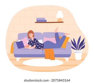 Woman reading book at house. Hobbies, literature, love of knowledge, selfdevelopment. Character reads stories, poems. Apartment, interior, comfort coziness. Cartoon flat vector illustration