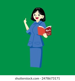 Woman reading a book. illustration of a girl in a blue suit. Design element illustration of a teacher teaching by holding a book