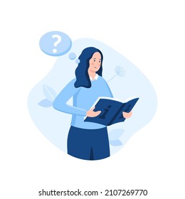 Woman reading book with info sign on cover and thought bubble with interrogation point. Concept of user manual, instruction, professional guide, Q and A. Modern flat vector illustration for poster.