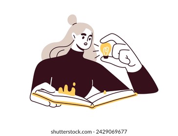 Woman reading book with insights, knowledge. Student reader learning, studying. Thoughts and answers from literature. Education, idea concept. Flat vector illustration isolated on white background