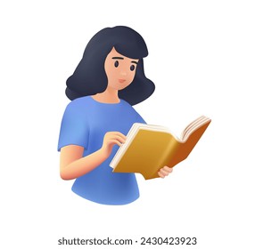 Mujer leyendo un libro con conocimientos. Estudiante aprendiendo, estudiando. Pensamientos y respuestas de la literatura. Educación, concepto de idea. Ilustración vectorial 3D aislada sobre fondo blanco