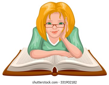 Woman reading book. Isolated on white