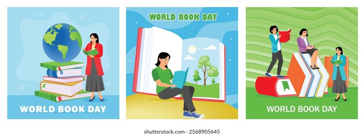 A woman is reading a book. Ledger background. Celebration of World Book Day, April 23. World Book Day concept. Set flat vector illustration.