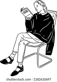 Woman reading book Leisure time People lifestyle Hand drawn Line art Illustration