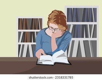 a woman reading a book in the library with a colorful background