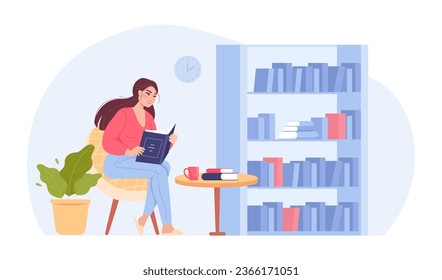 Woman reading book in library or at home vector illustration. Cartoon drawing of girl reading in cozy atmosphere, bookcase with shelves. Literature, hobby, entertainment, leisure concept