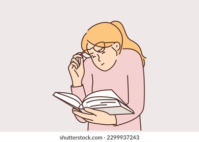 Woman is reading book lifting glasses and squinting eyes due to problems caused by poor vision. Bookworm girl has difficulty reading small print in book, needs help from ophthalmologist