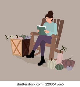 Woman reading book. Woman with literature in hands sitting on cozy armchair around pumpkin patch. Reading books hobby. Flat cartoon vector illustration.