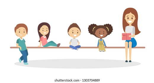 Woman reading book for little children. Happy kids listen to story. Boys, girls and teacher. Flat vector illustration