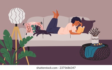 Woman reading book in living room. Reader in cozy home interior. Girl lying on sofa with literature volume. Recreation or education. Female enjoying of novel. Garish