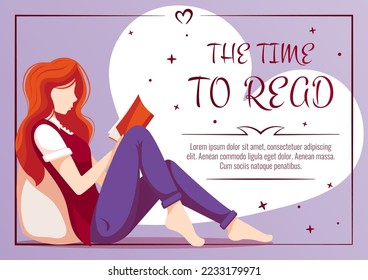 Woman is reading book. Book lover, Reading, Book store, Library, Education concept. A4 vector illustration for flyer, poster, banner. 