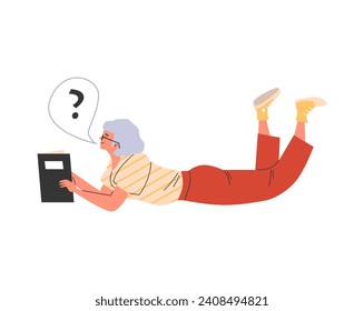 Woman reading a book lying down, vector illustration isolated on white background. Drawn in cartoon flat style. Grey hair female person relaxes or studies, reads a textbook lying floor.