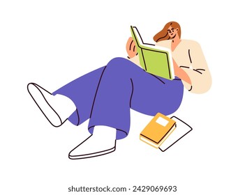 Mujer leyendo un libro, mintiendo y relajándose. Lectora descansando con literatura en papel. Gusano de biblioteca en el tiempo libre, recreación. Relajación con novelas. Ilustración vectorial plana aislada sobre fondo blanco