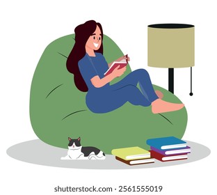 Woman reading book next to a pet cat, relaxing in cozy beanbag chair under lamp. Reader enjoying leisure time with literature. Flat vector illustration isolated on white background.