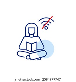 Woman reading a book and no wi-fi symbol. Offline library, digital detox mode. Pixel perfect, editable stroke vector icon