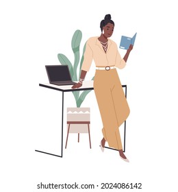 Woman reading book at office desk. Happy reader studying professional business literature. Modern African American businesswoman learning. Flat vector illustration isolated on white background