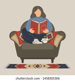 Woman reading book on armchair at home. Cozy home. Education concept. Original vector illustration.Vector illustration.